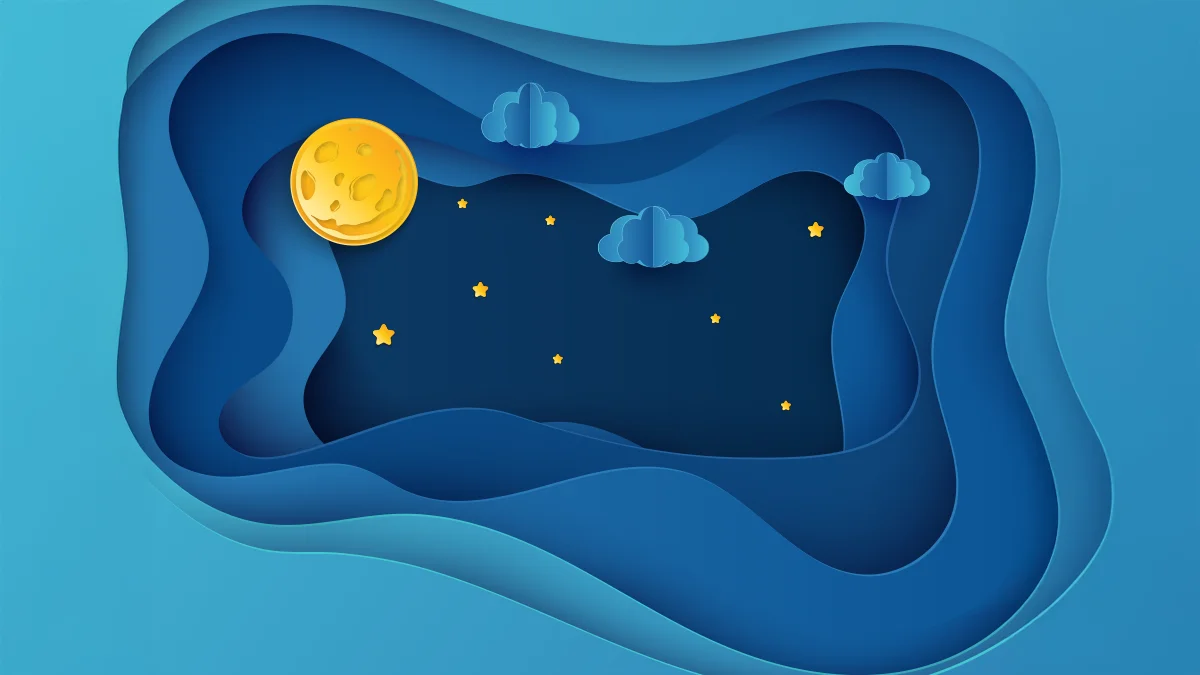 A collage of night sky presenting a 3D effect of ever darker layers towrds a dark sky with moon and stars 